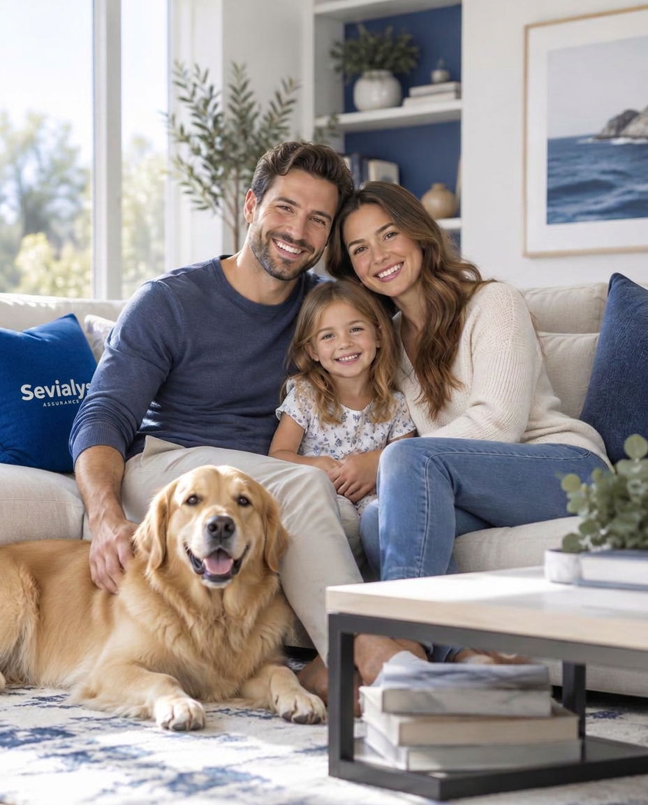 Une famille souriante et sereine dans son salon
